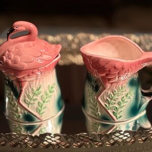 Vintage 1982 Sarsaparilla Deco Design flamingo sugar bowl and creamer
